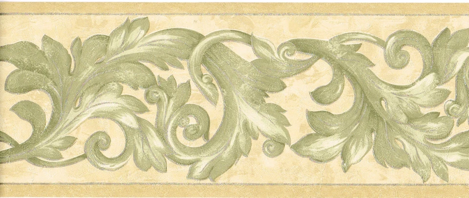 Architectural Acanthus Leaf Ornate Scroll Green Sage Gold Wall paper Border 6.8" - Image 1 of 4