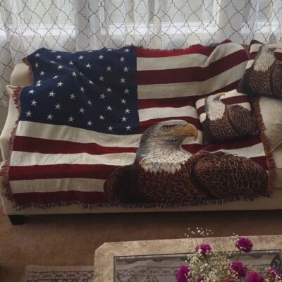 American Eagle USA Flag Throw Blanket With 2 Pillows - Image 1 of 4