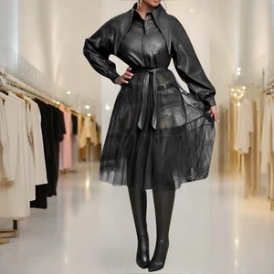 Giacca ecopelle nera gonna tulle manica lunga cintura legata zip davanti taglia 3X - Foto 1 di 9