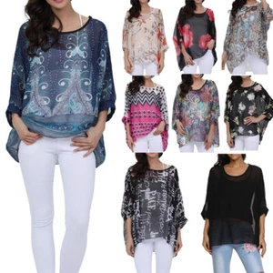 Ladies Hippie Floral Blouse Lagenlook Tunic Top Boho Chiffon Kaftan Kimono Shirt - Picture 1 of 28