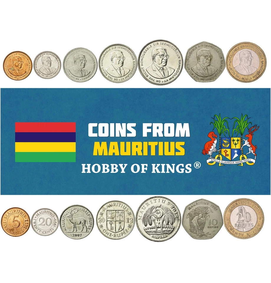 Juego de 7 monedas de Mauricio 5 20 centavos 1/2 1 5 10 20 rupias | ciervo | espada | 2012 - 2020 Foto 1 de 2