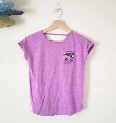 Justice Youth Girls Size 10 Short Sleeve Purple Shirt Silver Flip Sequins Pocket - Image 1 of 4