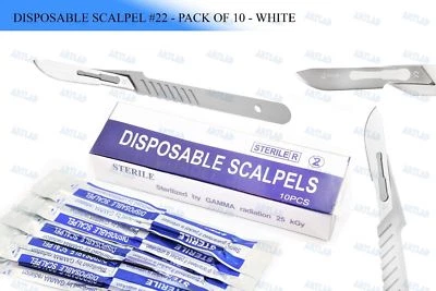 10 PK DISPOSABLE SCALPELS #22-SINGLE USE - DISSECTING, SURGICAL, DERMAPLANING - Image 1 of 4
