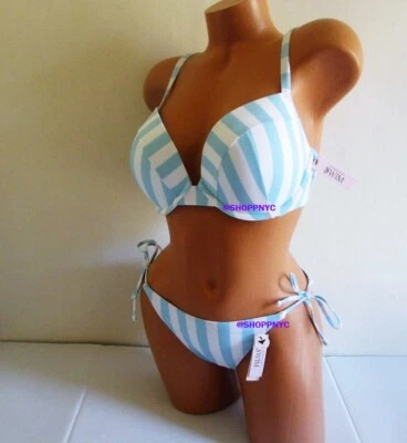 Victoria Secret Conjunto de Bikini Push Up Natación 38C/XL Corbata Lateral Descarado Blanco Azul Rayas Foto 1 de 4