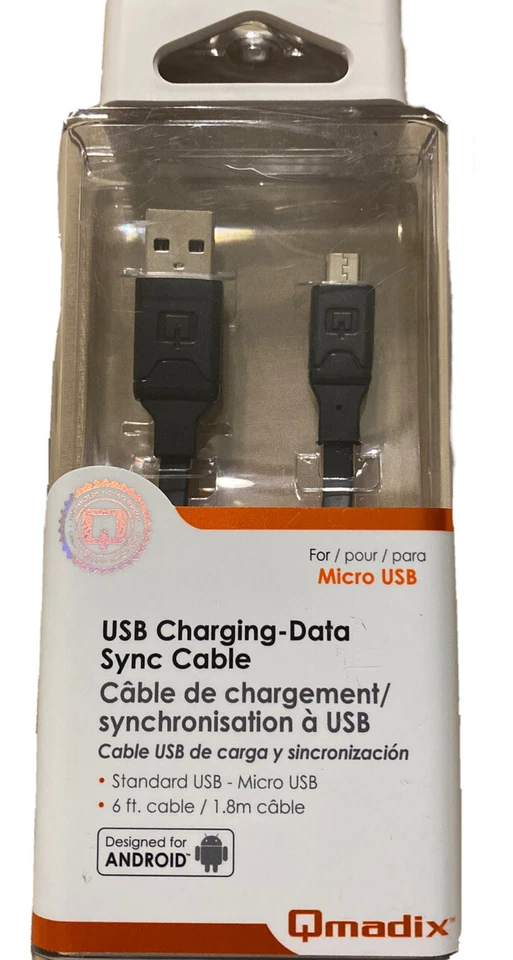 Cable de datos de carga y sincronización Qmadix (QM - PDMI) 6 pies para dispositivos micro USB - negro Foto 1 de 4