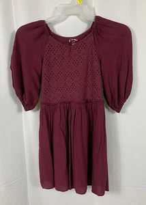 Art Girl's Dress Size L(10-12) Maroon 3/4 Sleeves Lined Eyelet Elastic Waist  - Picture 1 of 8