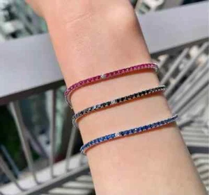 18K Gold Plated Sapphire Tennis Silver Bracelet with CZ For Women Valentine Gift - Picture 1 of 5