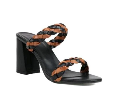 Womens Summer Boho Woven Strap Thick Heeled Sandals Pull On Sliper Mules Shoes - Image 1 of 4