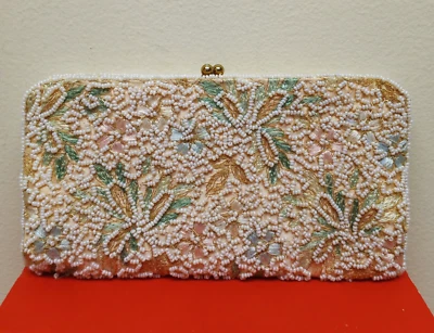 Vintage Jolles 1950’s Hand Beaded and Stitched Floral Wallet w/Satin Lining - Image 1 of 4