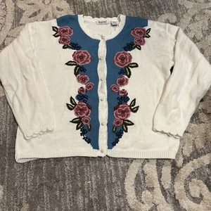Vintage Strickjacke mit Blumenstickerei creme XL Grannycore - Bild 1 von 7