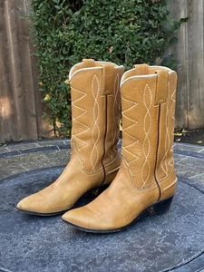 Vintage Justin Cowboy Western Boots Womens Size 5.5 A Tan Leather Embroidered - Picture 1 of 21