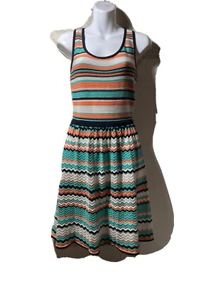 "Vestido de mujer Jessica Simpson verde azulado/naranja geo plisado talla mediana busto de 14""" Foto 1 de 4