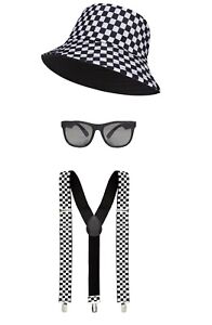 80s Ska Two Tone Instant Kit Fancy Dress Hat  Braces Glasses Black White Outfit