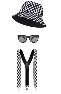 80s Ska Two Tone Instant Kit Fancy Dress Hat Braces Glasses Black White Outfit - Picture 1 of 4