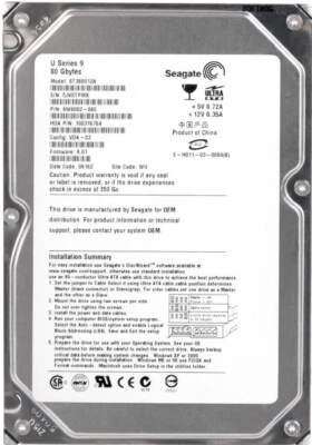 Hard Drive Seagate U Series 9 ST380012A 80GB 1MB Cache 7200 RPM ATA 3.5'' Inch - Image 1 of 3