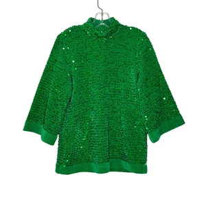 ZARA Mock Neck Sequin Top Women's Size S Green 3/4 Sleeve Chenille Sparkle Party - Picture 1 of 17