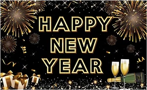 Happy New Year Banner for 2025 Party Decoration, Blackgold New Year Eve Banner P - Picture 1 of 12