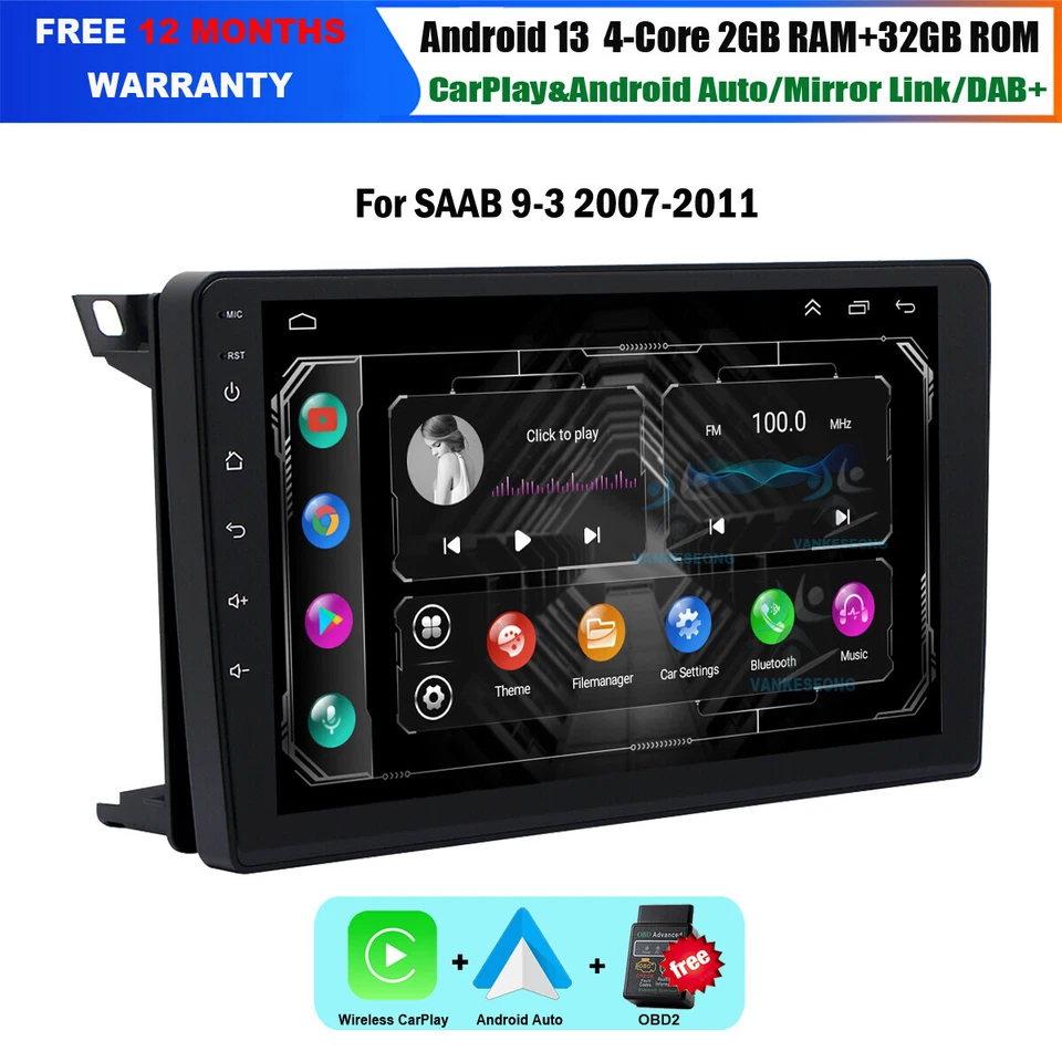 9" Touchscreen Navigation CarPlay Autoradio Für Saab 9-3 2007-2011 DAB Android13 - Bild 1 von 4