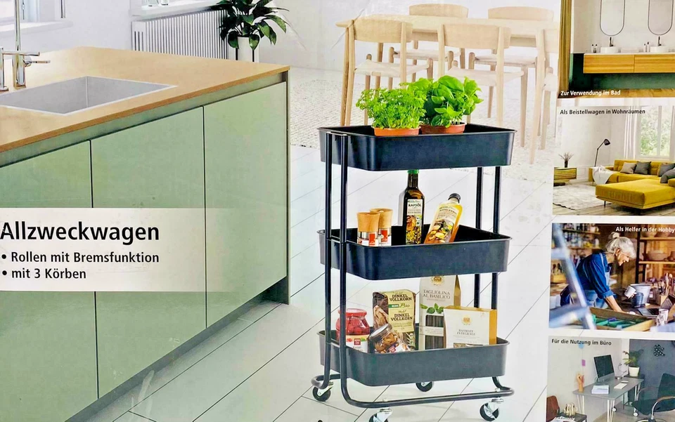 Allzweckwagen Rollen Bremsfunktion 3 Körbe Küche Bad Büro Möbel Metall Schwarz - Bild 1 von 1