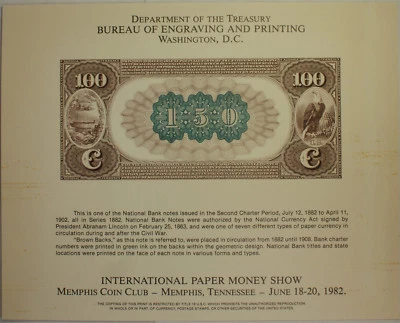 BEP souvenir card B 56 IPMS 1982 back 1882 $100 Brown Back national Damaged - Image 1 of 2