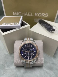 Michael Kors MK8412 Lexington Silver & Rose-Gold 45mm Blue Dial Unisex Watch - Picture 1 of 2
