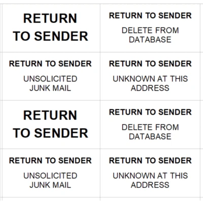 Return To Sender - 240 Stickers - Self Adhesive Labels - Prevent Stop Junk Mail