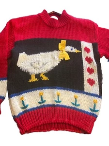 VTG Heidi Graphic Novelty Hand-knit Chunky  3D Duck Flower Sweater Sz Small. Red - Picture 1 of 6
