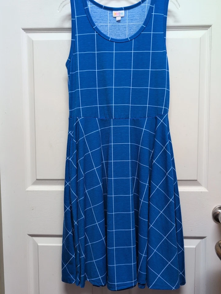 LuLaRoe. Vestido para mujer sin mangas talla L azul blanco grandes bolsillos a cuadros  Foto 1 de 4