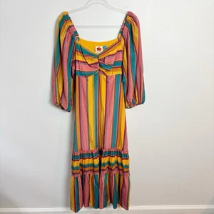 Farm Rio Anthropologie Rainbow Stripe Midi Dress Puff Size Medium - Picture 1 of 12