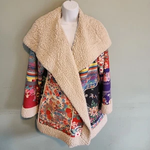 Johnny Was Biya Anna Sherpa Jacket Coat Open Front Multicolor Patchwork Floral  - Picture 1 of 9