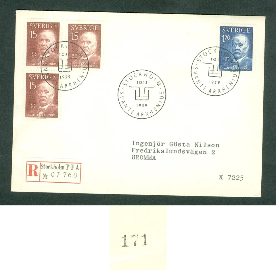 Sweden. FDC 1959. Reg:07768 Nobel Price. S. Arrhenius. Sc# 3/547-548.Adr: Bromma - Image 1 of 1