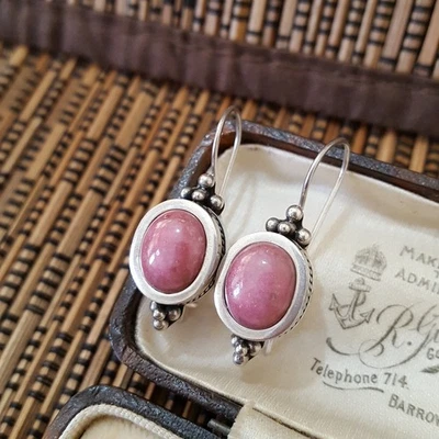 Suarti Vintage 925 Sterling Silver Earrings, Pink Rhodochrosite, Closed Hooks  - Image 1 of 4