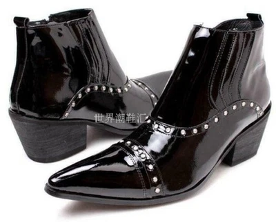 Men's Ankle Boots Leather Cuban Heel Casual Zip Pointed Shoes Rivet Formal  - Image 1 of 4