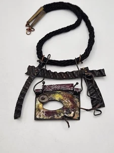 Vintage Artisan Modernist OOAK Copper Enamel Abstract Pendant Necklace - Picture 1 of 20