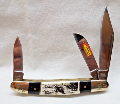 Steel Warrior 440 Stainless Steel 3 Blade Knife Scrimshaw Like Handles Deer - Image 1 of 4