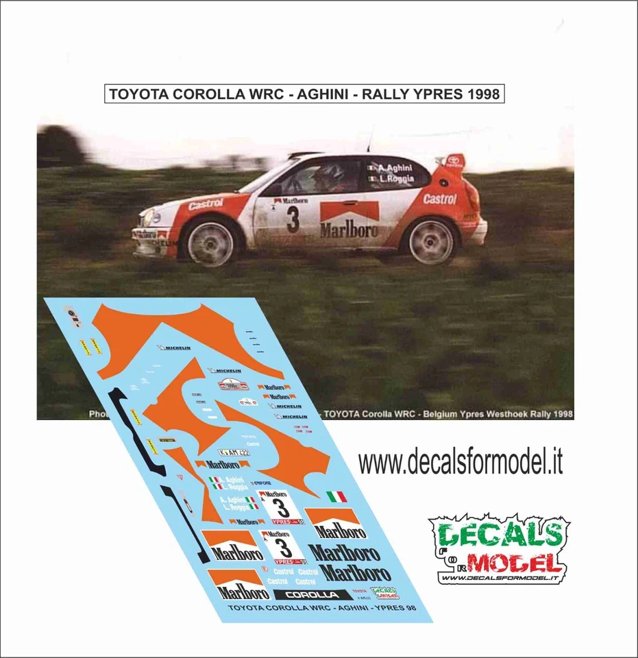 DECALS 1:43 TOYOTA COROLLA WRC MARLBORO AGHINI RALLY YPRES 1998 - Immagine 1 di 1