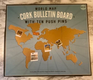 World Map Cork Bulletin Board Notes Reminders Photos With Push Pins NEW - Picture 1 of 2