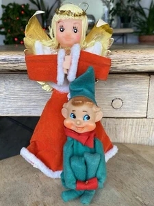 Vintage Christmas Knee Hugger Elves Elf Ornaments Green Felt Angel Red Velvet - Picture 1 of 13