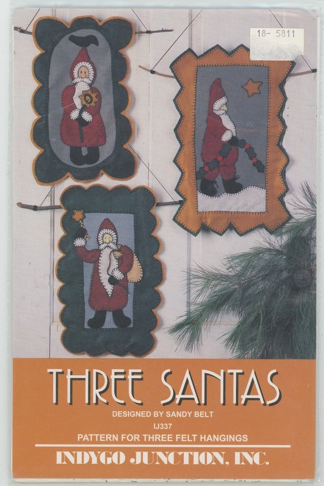 Indygo Junction Three Santas Wool Work Felt Hangings IJ337 Sandy Belt Pattern - Image 1 of 2