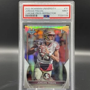 Jordan Travis 2022 Bowman University cromo #31 primer refractor Bowman PSA 9 JETS - Imagen 1 de 3