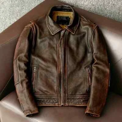 Men’s Motorcycle Vintage Cafe Racer Biker Distressed Brown Real Leather Jacket - Image 1 of 4