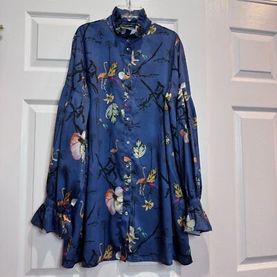 Pietro Brunelli Womens Large Maternity Blouse Blue Floral Ruffle Neckline A-Line - Image 1 of 4