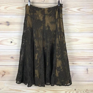Coldwater Creek Skirt Women 8 Midi Lace Brown Overlay Gold Satin Boho Witchy - Picture 1 of 15