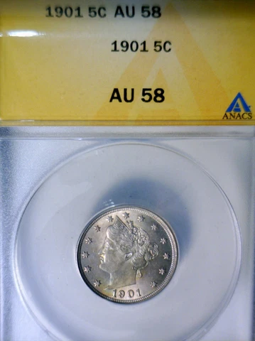 1901 ANACS AU58 TONED Liberty Nickel CH AU Coin Nice ORIGINAL Rainbow Tone  NR Cover