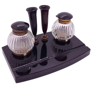 Vintage 1930 Art-Deco Black Opal Glass Fountain/Ball Pen Holder/Inkwell Desk Set - Picture 1 of 13