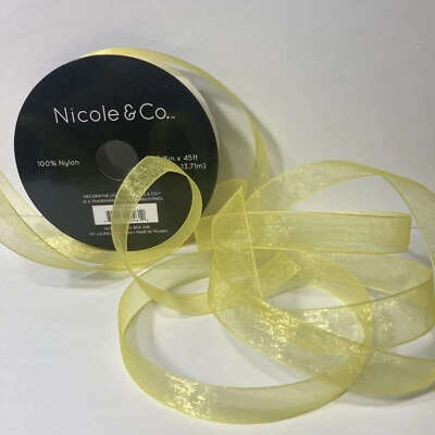 Sheer Organza Ribbon Bright Yellow 5/8" x 45' Nicole & Co. Nylon (1) Roll - Image 1 of 4