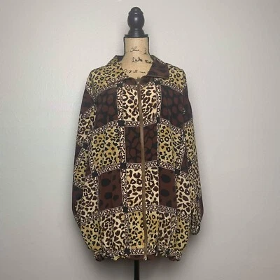 Chaqueta cortavientos vintage de hilo plateado con estampado animal de leopardo cremallera completa talla 1X Foto 1 de 4
