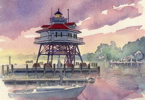 Drum Point Lighthouse Chesapeake Bay Screwpile, Maryland. Tarjetas de notas de acuarela - Imagen 1 de 2