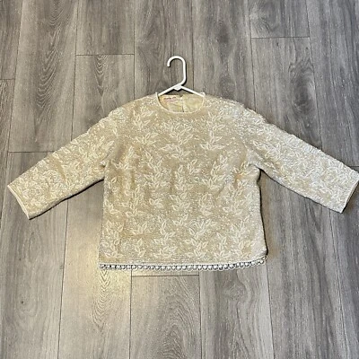 Vtg Stephen Chu Top Cream Ivory Floral Beaded Sequin Long Sleeve Zip Back Dangle - Image 1 of 4