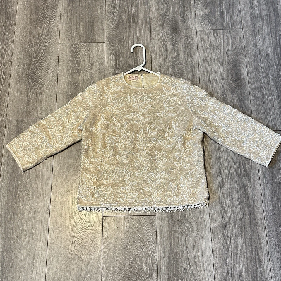 Vtg Stephen Chu Top Cream Ivory Floral Beaded Sequin Long Sleeve Zip Back Dangle - Image 1 of 4